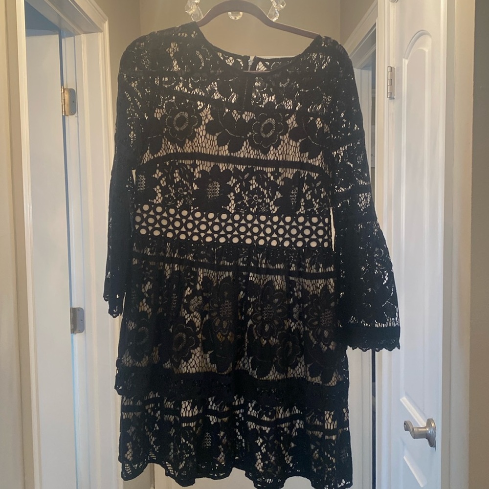 Kensie black lace under nude overlay, long sleeve dress